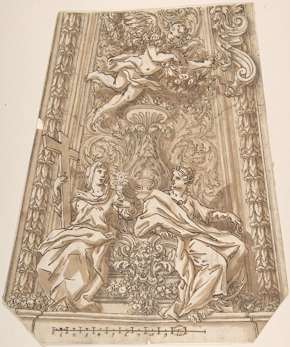 Design for a Dome Compartment with Figures of Faith and Hope, Anonymous, Italian, Roman-Bolognese, 17th century, Pen and brown ink, brush and brown wash, over black chalk on light tan paper 