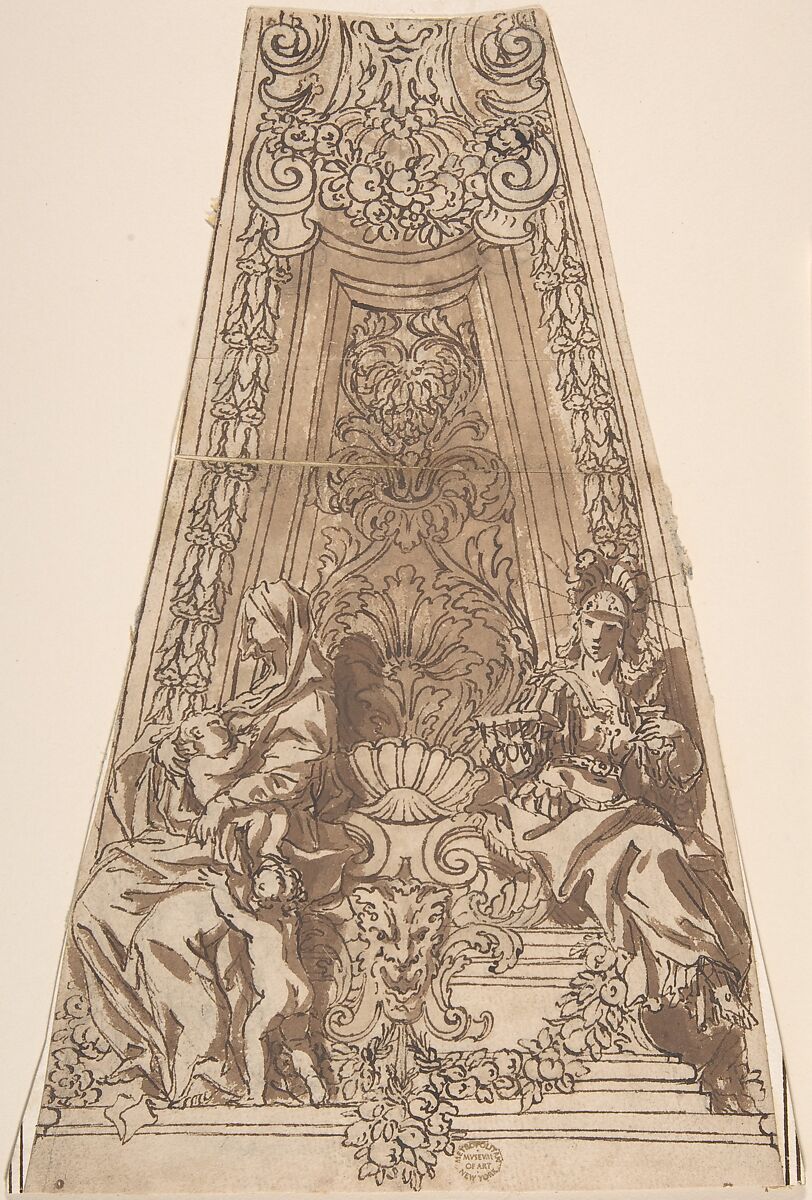 Design for a Dome Compartment with Figures of Charity and Fortitude?, Anonymous, Italian, Roman-Bolognese, 17th century, Pen and brown ink, brush and brown wash, over black chalk on light tan paper 