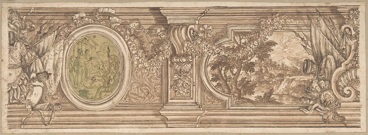 Frieze, Anonymous, Italian, Roman-Bolognese, 17th century, Pen and brown ink, brush with brown and green wash, over black chalk on light tan paper 