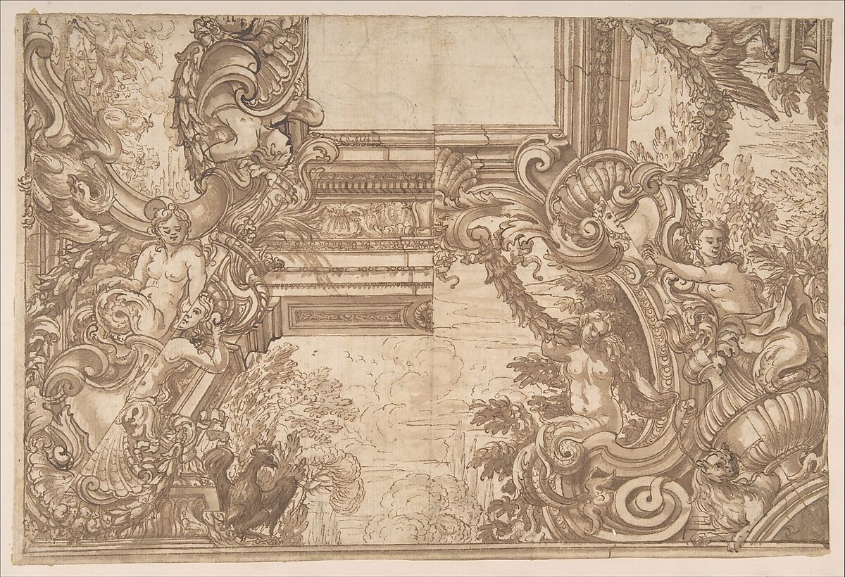 Alternate Designs for a Cove Decoration, Anonymous, Italian, Roman-Bolognese, 17th century, Pen and brown ink, brush and brown wash, over black chalk on light tan paper 