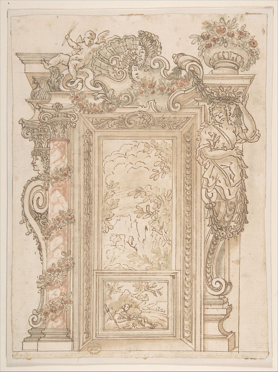 Designs for a Niche, Anonymous, Italian, Roman-Bolognese, 17th century, Pen and brown ink, brush with brown, green and pink wash, over black chalk on cream paper 