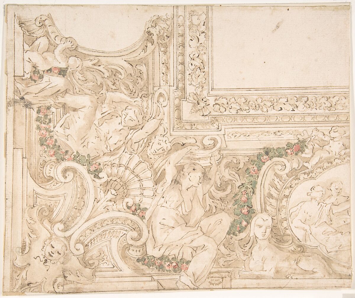 Cove, Anonymous, Italian, Roman-Bolognese, 17th century, Pen and brown ink, brush with brown, green and pink wash, over black chalk, on light tan paper 