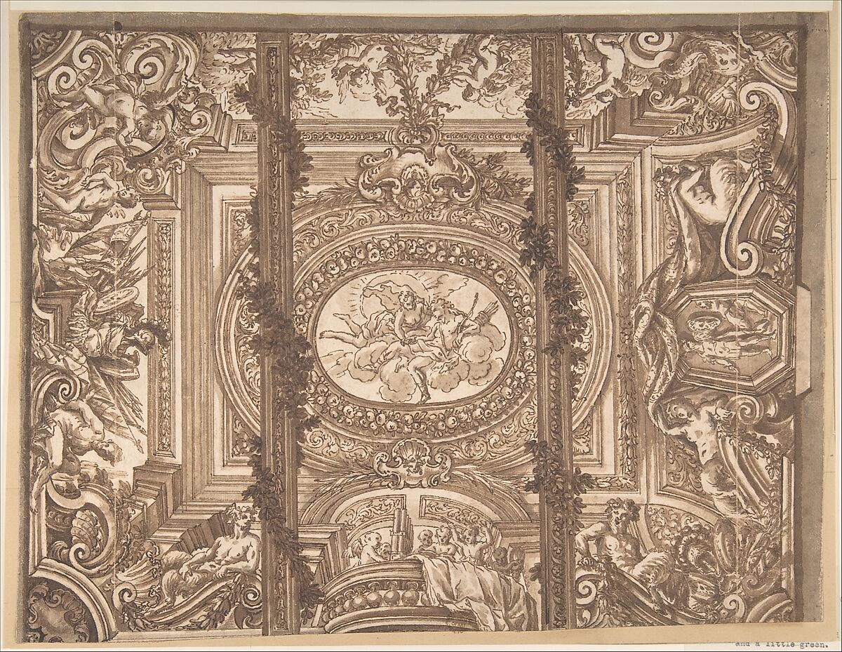 Designs for a Ceiling, Anonymous, Italian, Roman-Bolognese, 17th century, Pen and brown ink, brush and brown wash, over black chalk on light tan paper 