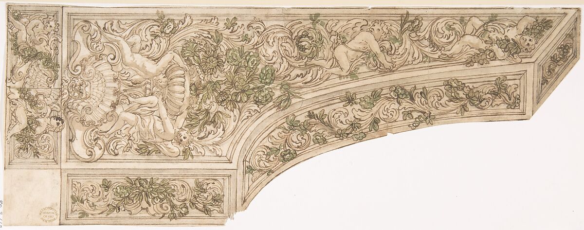 Design for the Decoration of a Harpsichord, Anonymous, Italian, Roman-Bolognese, 17th century, Pen and brown ink, brush and brown wash, over black chalk on light tan paper 