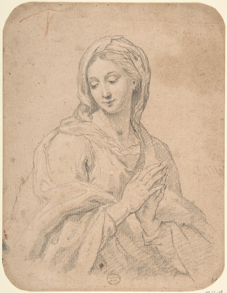 Madonna, Anonymous, Italian, Roman-Bolognese, 17th century, Black chalk highlighted with white chalk on light brown paper 