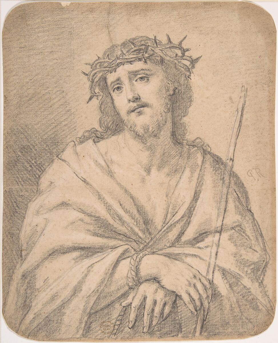 Man of  Sorrows, after Guido Reni (recto); Studies of arm and hands (verso), Anonymous, Italian, Roman-Bolognese, 17th century, Black chalk highlighted with white chalk on light brown paper (recto); black and red chalk (verso). Corners rounded 