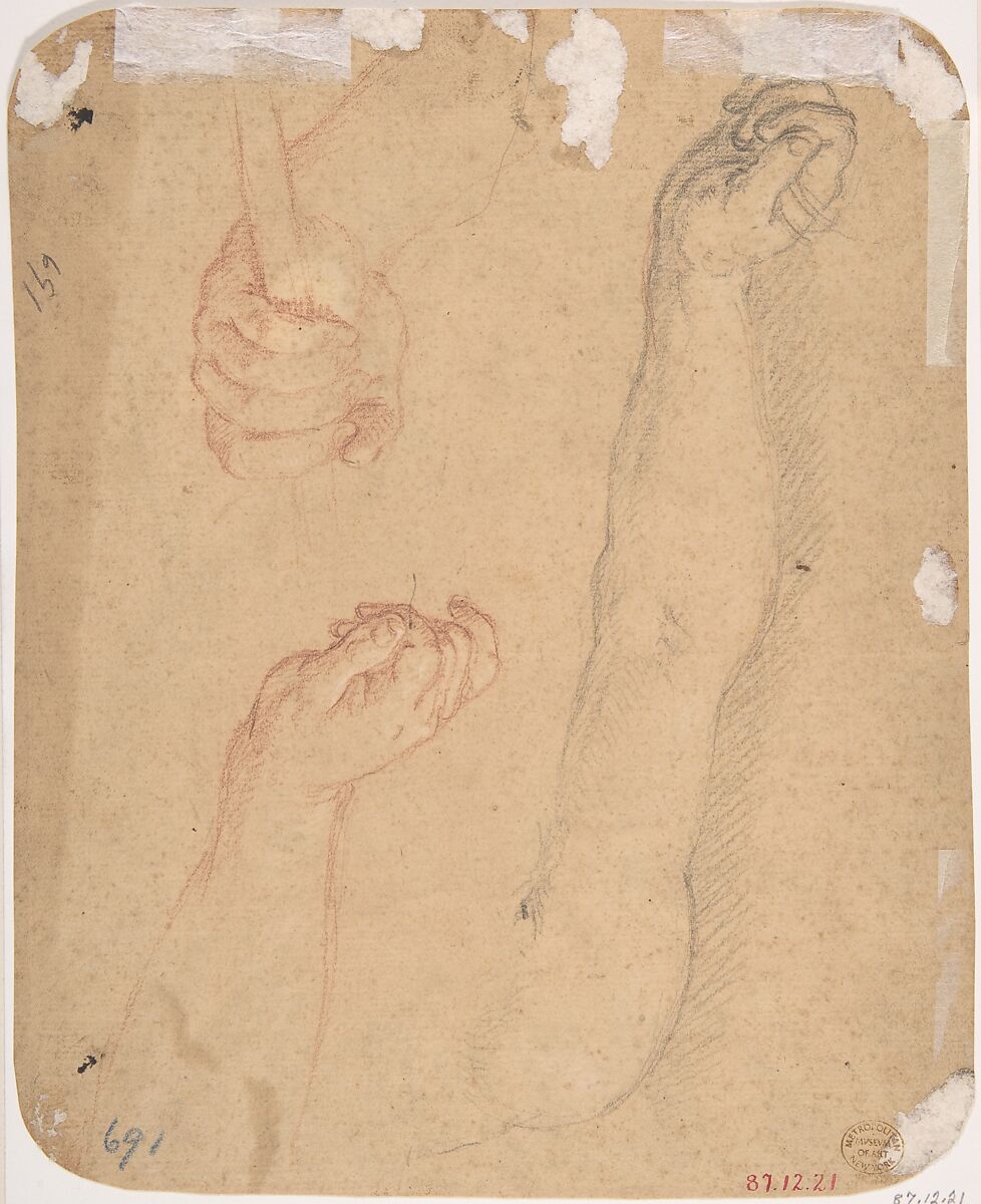 Man of  Sorrows, after Guido Reni (recto); Studies of arm and hands (verso), Anonymous, Italian, Roman-Bolognese, 17th century, Black chalk highlighted with white chalk on light brown paper (recto); black and red chalk (verso). Corners rounded