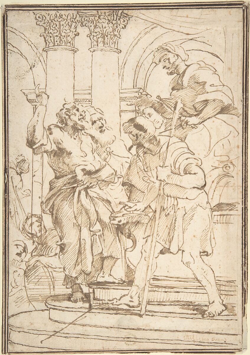 Figures in a Temple, Anonymous, Italian, Roman-Bolognese, 17th century, Pen and brown ink over black chalk on light tan paper 