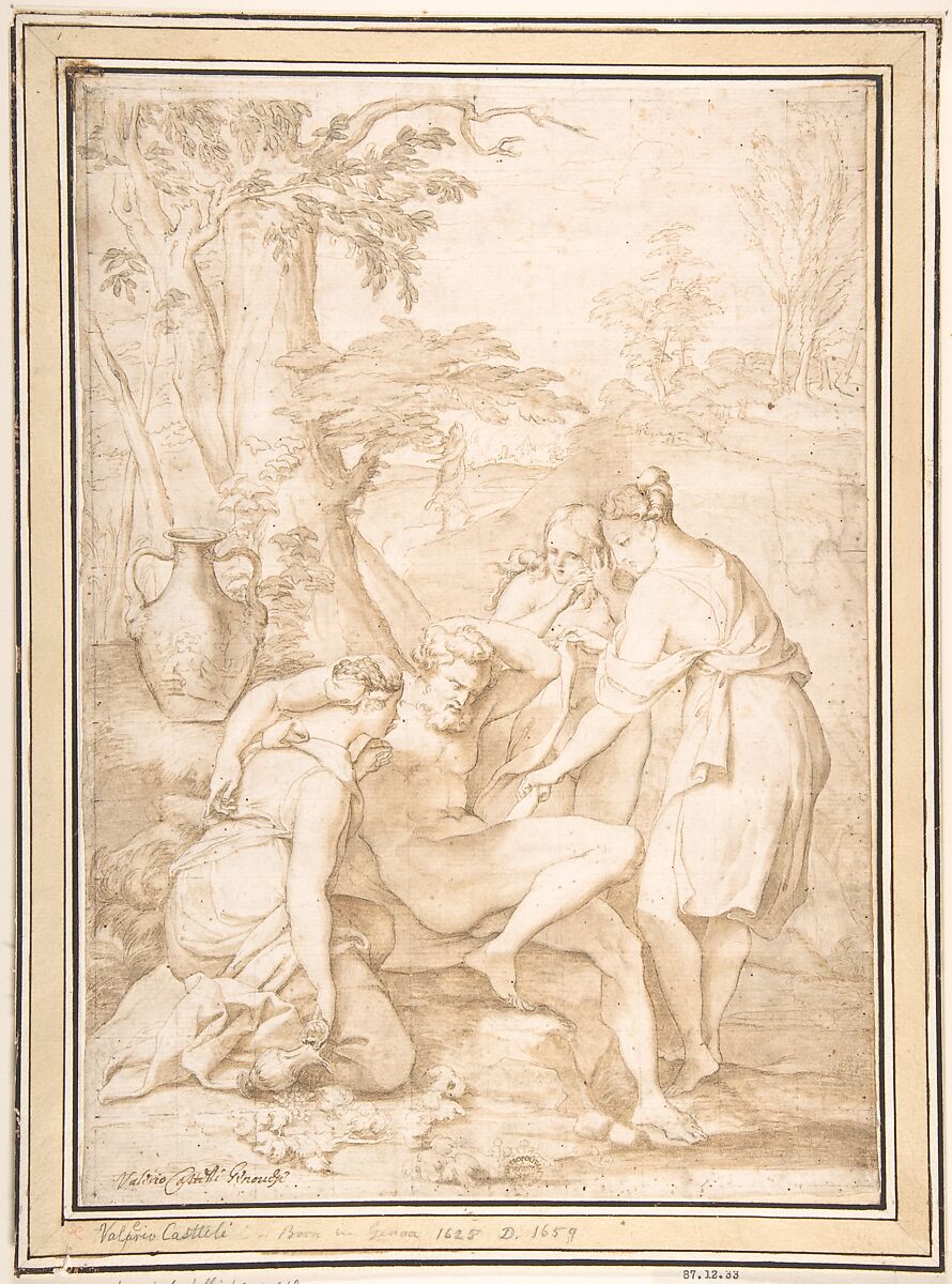 Lot and His Daughters (?), Anonymous, Italian, Roman-Bolognese, 17th century, Pen and brown ink, brush and brown wash, over black chalk on cream paper. Squared in black chalk 
