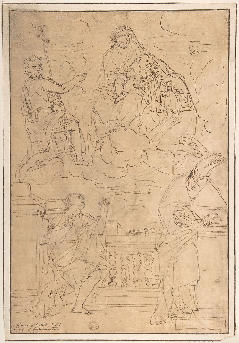 Madonna and Child with Saint John the Baptist and three other Saints, Anonymous, Italian, Roman-Bolognese, 17th century, Pen and brown ink over traces of black chalk on light brown paper 