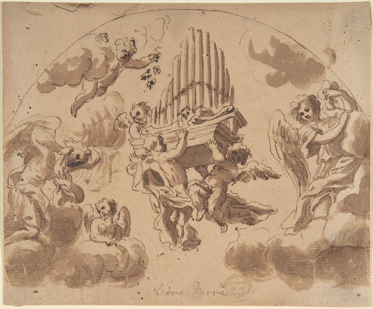 Putti Carrying Organ Pipes, Anonymous, Italian, Roman-Bolognese, 17th century, Pen and brown ink, brush and brown wash, over traces of black chalk on light brown paper. Arched framing outline at top in pen and brown ink over black chalk 