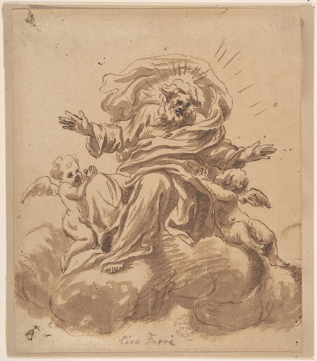 God the Father Seated on a Cloud, Flanked by Two Putti, Anonymous, Italian, Roman-Bolognese, 17th century, Pen and brown ink, brush and brown wash, over black chalk on light brown paper 