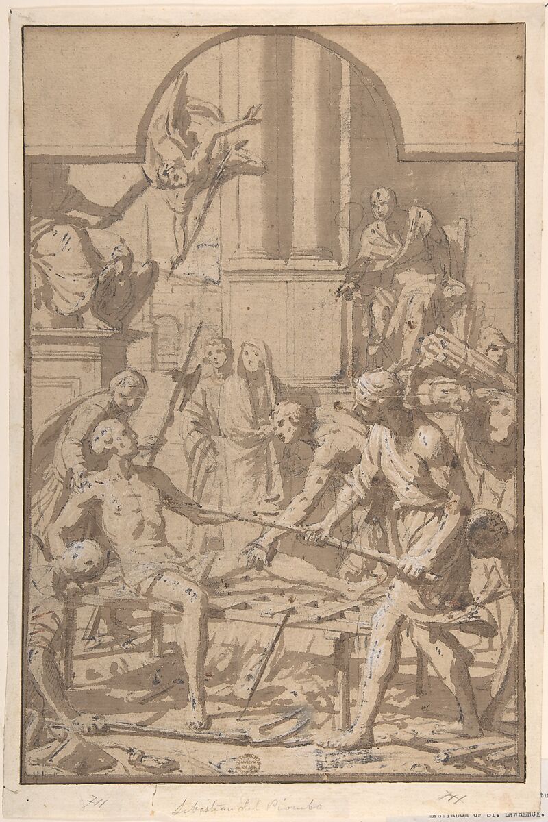 Martyrdom of Saint Lawrence, Anonymous, Italian, Roman-Bolognese, 17th century, Brush and brown wash, heightened with white gouache, over black chalk on light brown paper; framing lines in black chalk and brown wash 