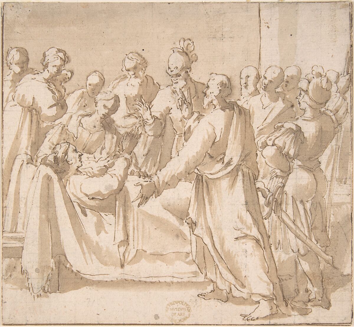 A Deathbed Scene, Anonymous, Italian, Roman-Bolognese, 17th century, Pen and brown ink, brush and brown wash, over traces of black chalk on light tan paper. Squared in black chalk 
