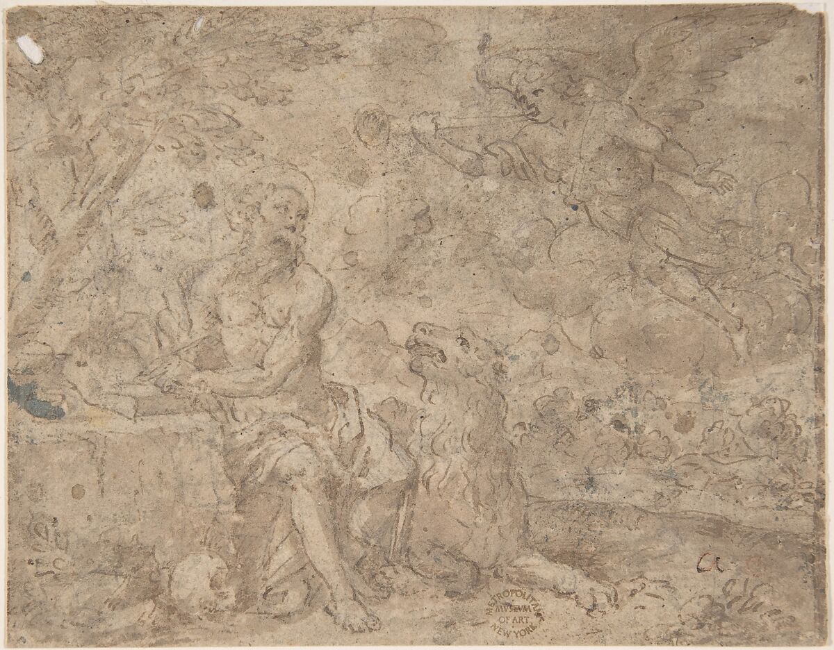 Saint Jerome in the Wilderness, Anonymous, Italian, Roman-Bolognese, 17th century, Pen and brown ink, brush and brown wash, over black chalk on light brown paper 