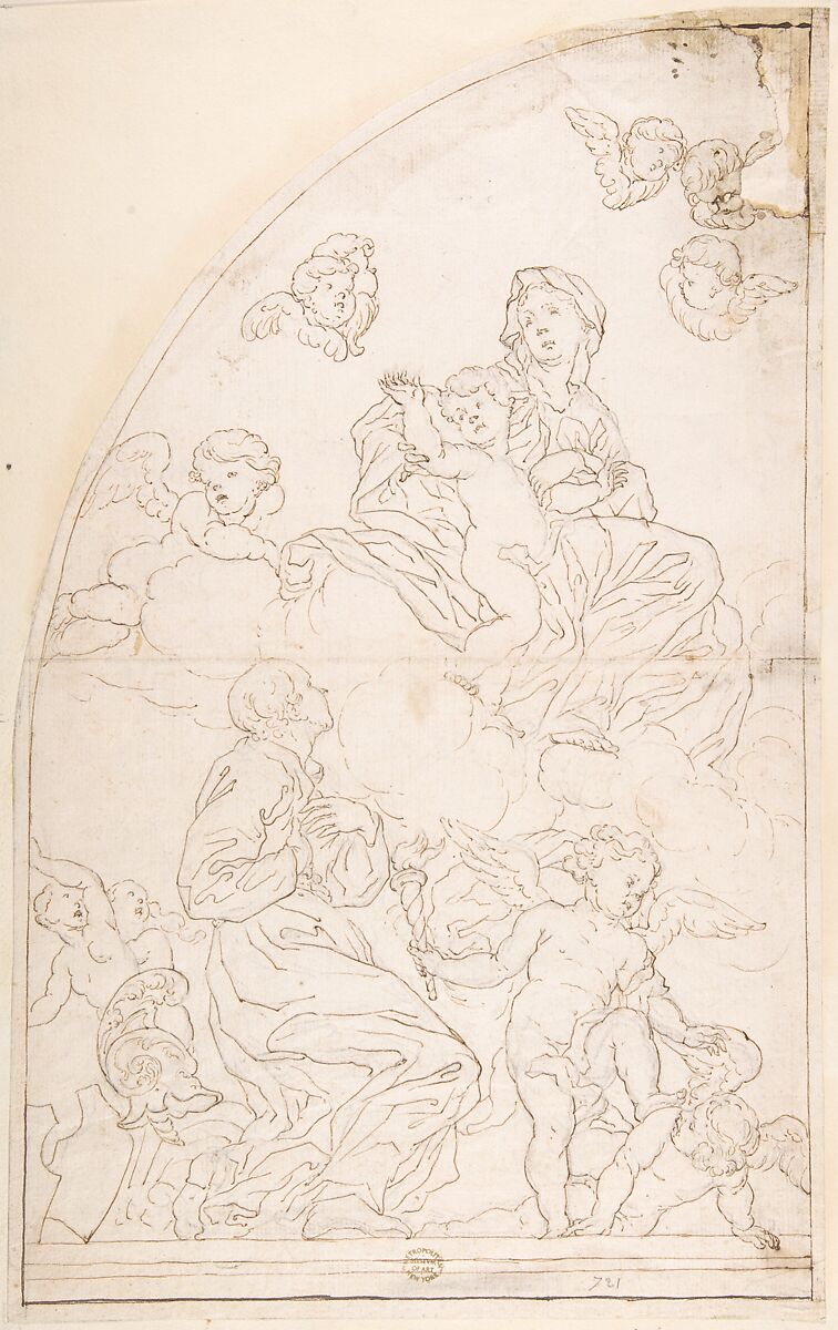 Saint Adoring the Madonna and Child, Anonymous, Italian, Roman-Bolognese, 17th century, Line drawing in pen and brown ink over traces of black chalk on cream paper.  Framing outline in pen and brown ink 