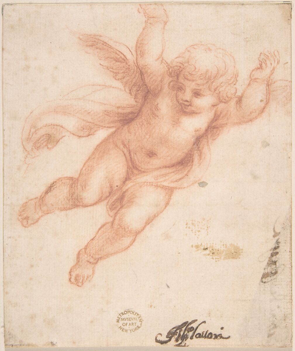 Putto, Anonymous, Italian, Roman-Bolognese, 17th century, Red chalk on cream paper 