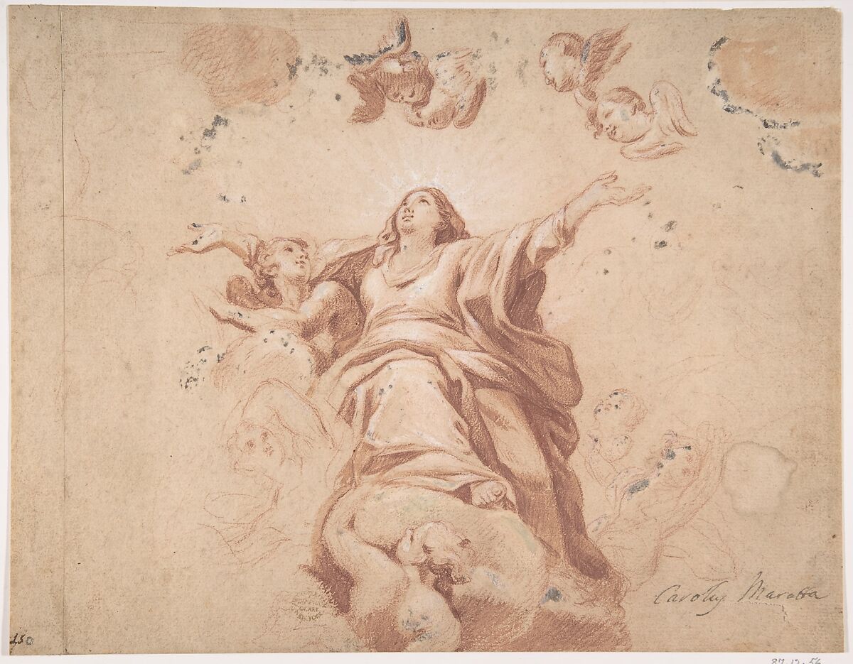 Assumption of the Virgin (after Carlo Maratta?), Anonymous, Italian, Roman-Bolognese, 17th century, Red chalk, brush and red wash, highlighted with white gouache on light tan paper 