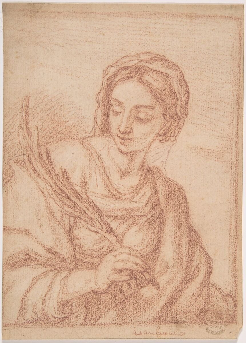Virgin with a Palm Branch, Anonymous, Italian, Roman-Bolognese, 17th century, Red chalk on light tan paper. Red chalk framing lines at top, right, and bottom edges 