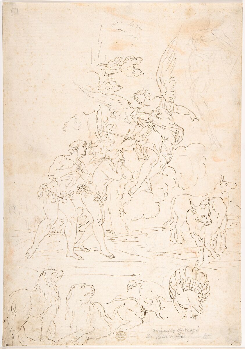 The Expulsion from the Garden, Anonymous, Italian, Roman-Bolognese, 17th century, Pen and brown ink over black chalk on light tan paper (recto); inept sketches in red chalk and in pen and brown ink (verso) 