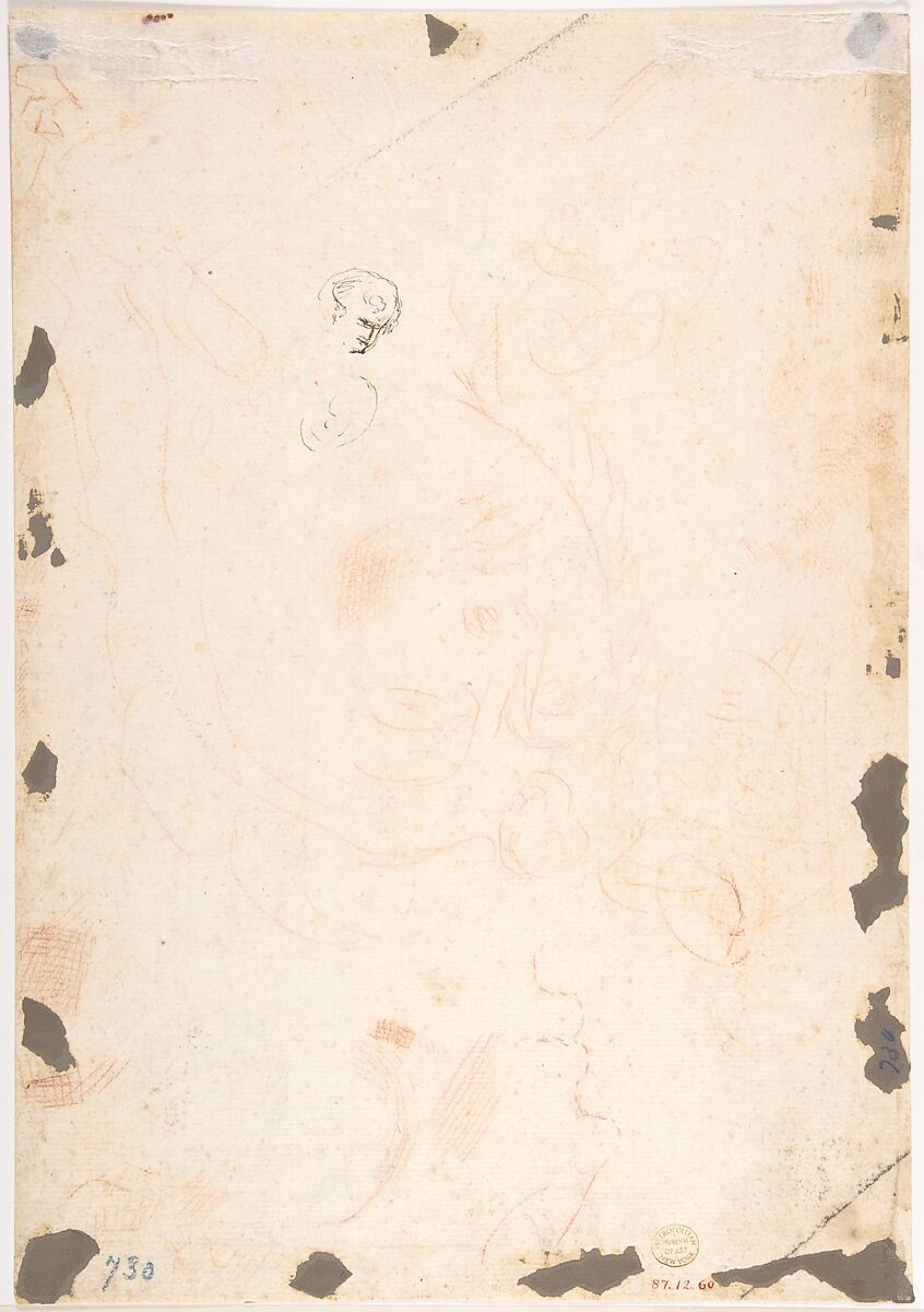 The Expulsion from the Garden, Anonymous, Italian, Roman-Bolognese, 17th century, Pen and brown ink over black chalk on light tan paper (recto); inept sketches in red chalk and in pen and brown ink (verso)