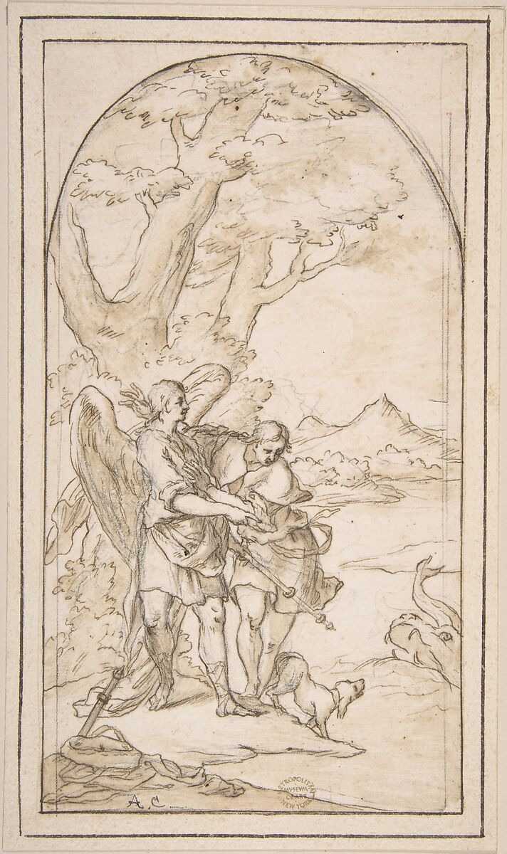 Tobias and the Angel, Anonymous, Italian, Roman-Bolognese, 17th century, Pen and brown ink, brush and brown wash, over black chalk on cream paper.  Framing outlines (arched at top) in black chalk and brown ink 