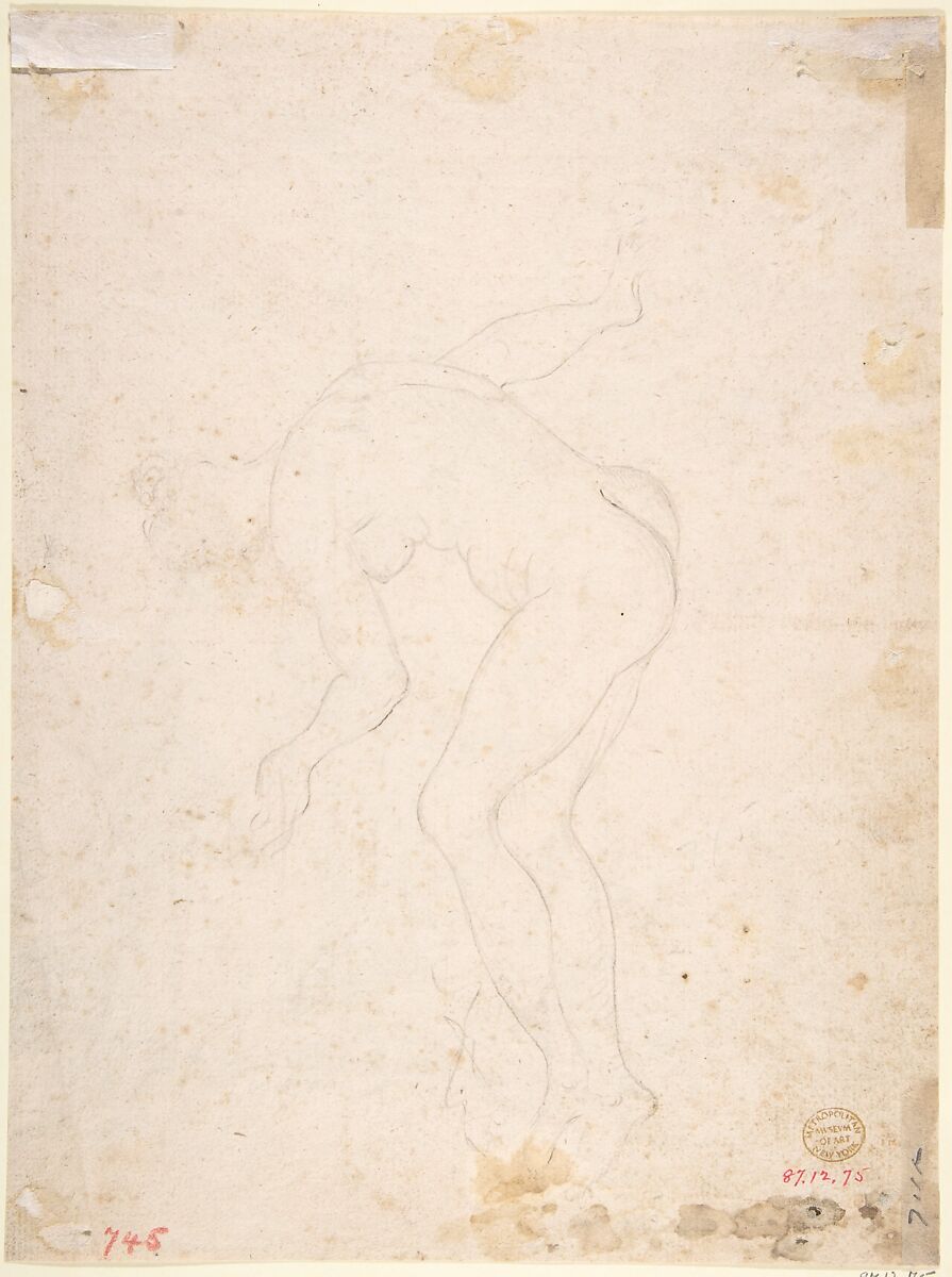 An Audience (recto); Sketch of a nude woman (verso), Anonymous, Italian, Roman-Bolognese, 17th century, Pen and brown ink, brush with blue-green wash, over black chalk? on light tan paper. Fragments of brown ink framing outlines at left, top, right edges