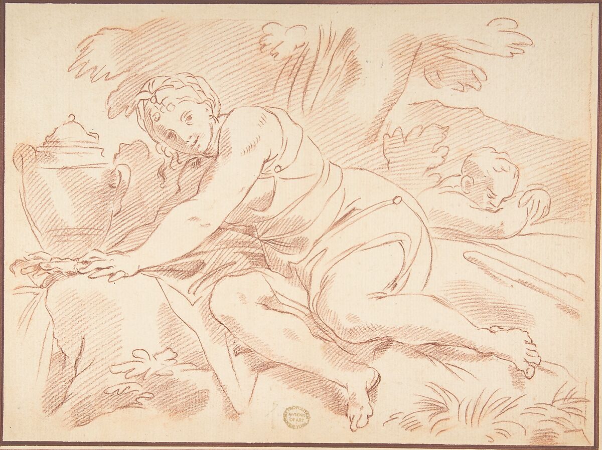 Nymph and Cupid, Anonymous, Italian, Roman-Bolognese, 17th century, Red chalk on cream paper 