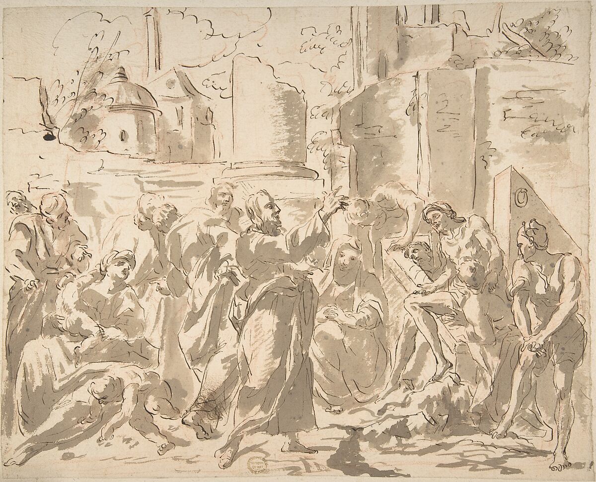 Christ Preaching, Anonymous, Italian, Roman-Bolognese, 17th century, Pen and brown ink, brush and brown wash, over red chalk on cream paper 