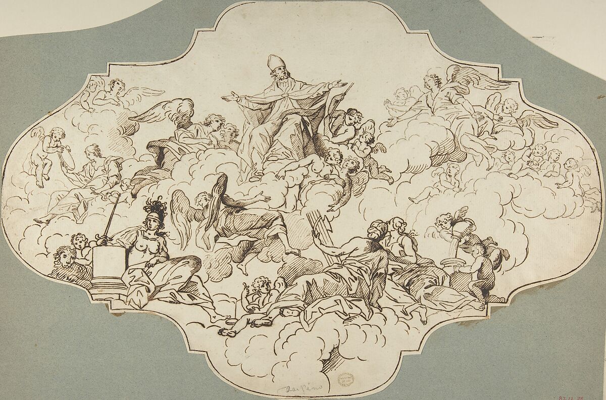 Study for a Ceiling Panel, Anonymous, Italian, Roman-Bolognese, 18th century, Pen and brown ink over black chalk on cream paper; framing outlines in pen and brown ink 