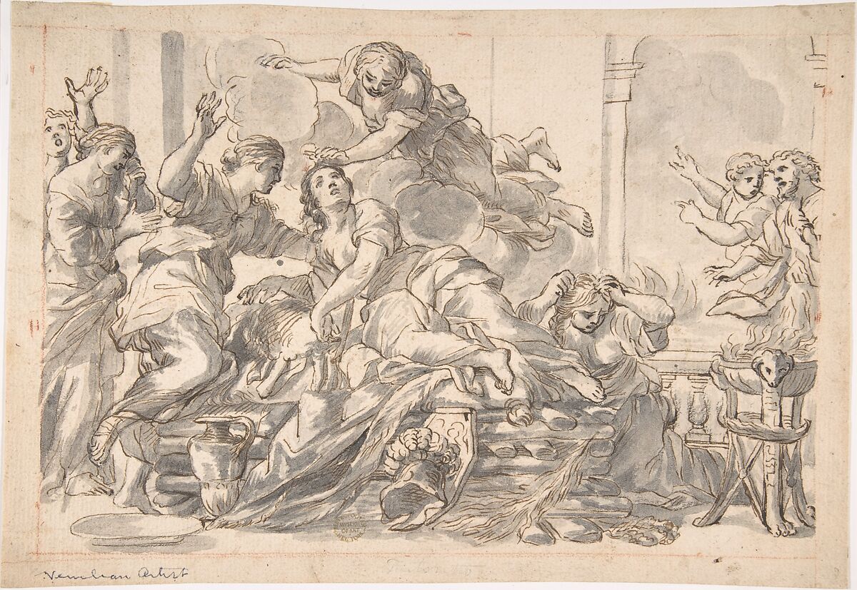 Death of Dido, After Giovanni Francesco Romanelli (Italian, Viterbo ca. 1610–1662 Viterbo), Pen and brown ink, brush with gray wash, over charcoal (?) on light tan paper (recto); Ruled framing outlines in red chalk, black chalk scribbles (verso), framing outlines in pen and brown ink 