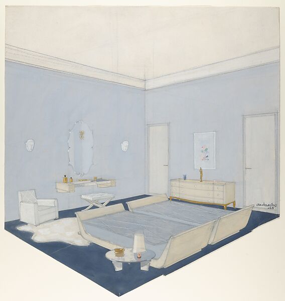 Design for a Bedroom in Blue with Twin Beds, André Arbus (French, Toulouse 1903–1969 Paris), Watercolor over graphite on thick wove paper 