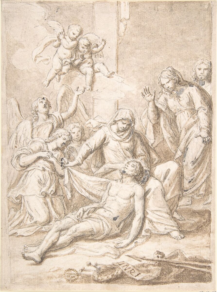 Pietà, Anonymous, Italian, Roman-Bolognese, 17th century, Brush and brown wash over black chalk, highlighted with white gouache, on light tan paper; framing outlines in black chalk 