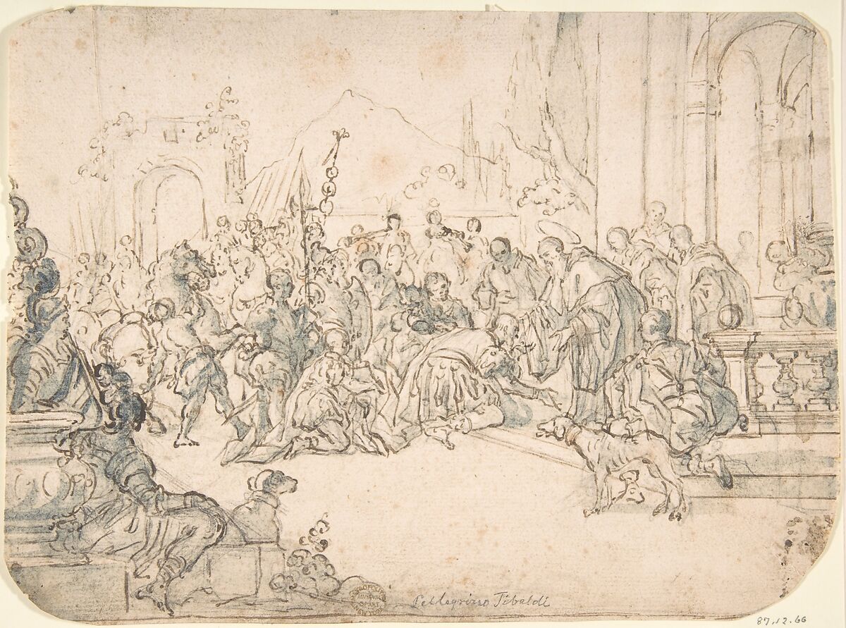 Saint Benedict Receiving a Warrior (recto); Sketch of Crowded Narrative Scene (verso), Anonymous, Italian, Roman-Bolognese, 17th century, Pen and brown ink, brush with blue-green wash over charcoal? on light tan paper (recto). Framing outline in brown ink along bottom edge. Charcoal? (verso) 