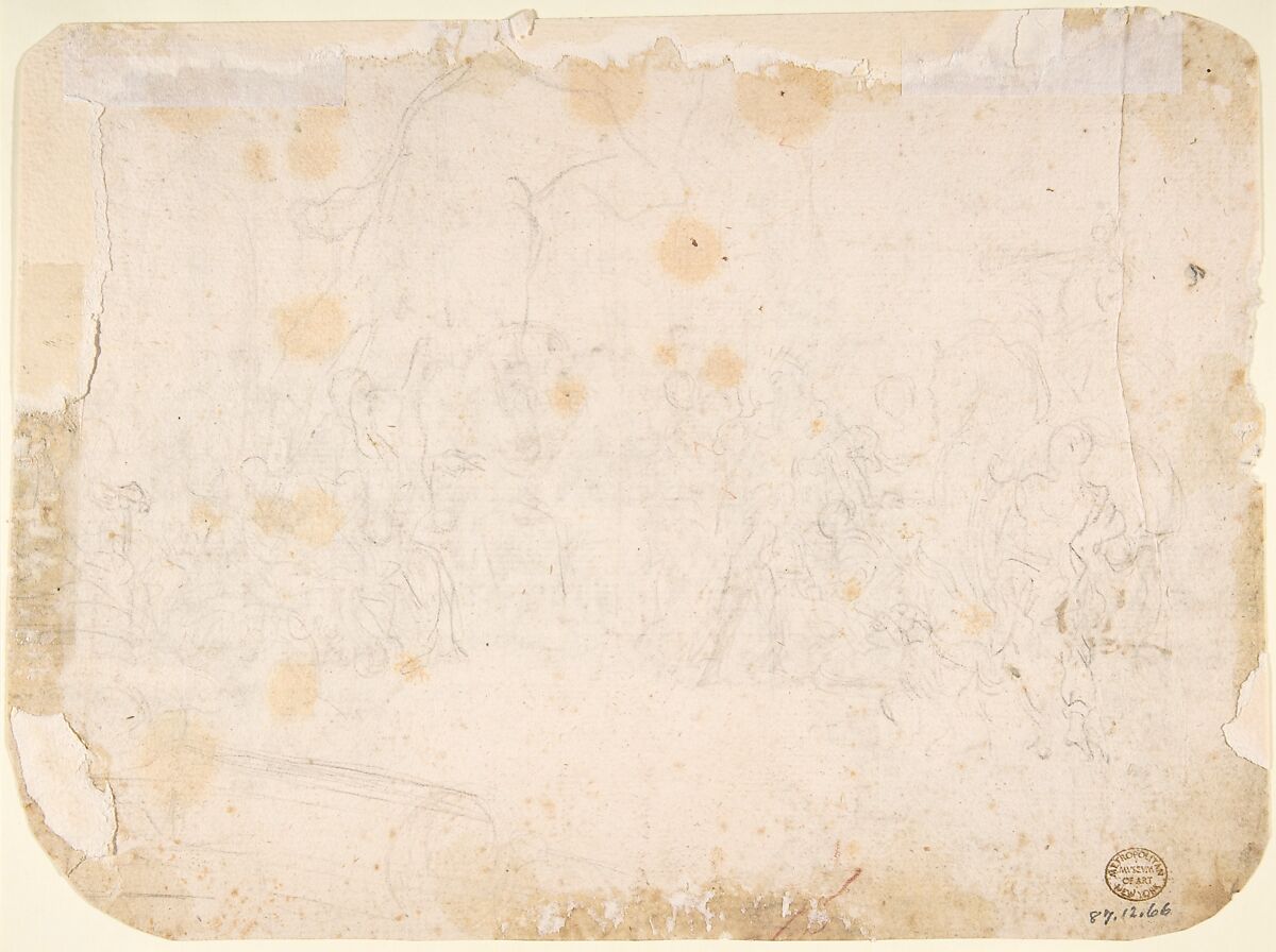 Saint Benedict Receiving a Warrior (recto); Sketch of Crowded Narrative Scene (verso), Anonymous, Italian, Roman-Bolognese, 17th century, Pen and brown ink, brush with blue-green wash over charcoal? on light tan paper (recto). Framing outline in brown ink along bottom edge. Charcoal? (verso)