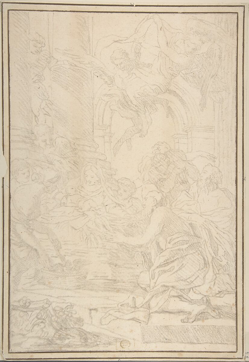 The Adoration of the Shepherds, Anonymous, Italian, Roman-Bolognese, 17th century, Black chalk counterproof on cream paper 