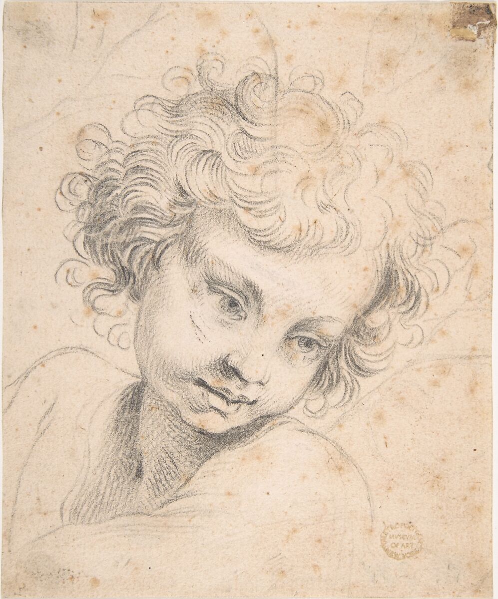 Head of a Child, copy of engraving by Luca Ciamberlano, Anonymous, Italian, Roman-Bolognese, 17th century, Black chalk on light tan paper 