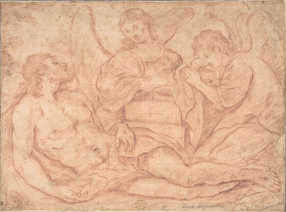 Dead Christ Mourned Over by Angels, Anonymous, Italian, Roman-Bolognese, 17th century, Red chalk on light tan paper 