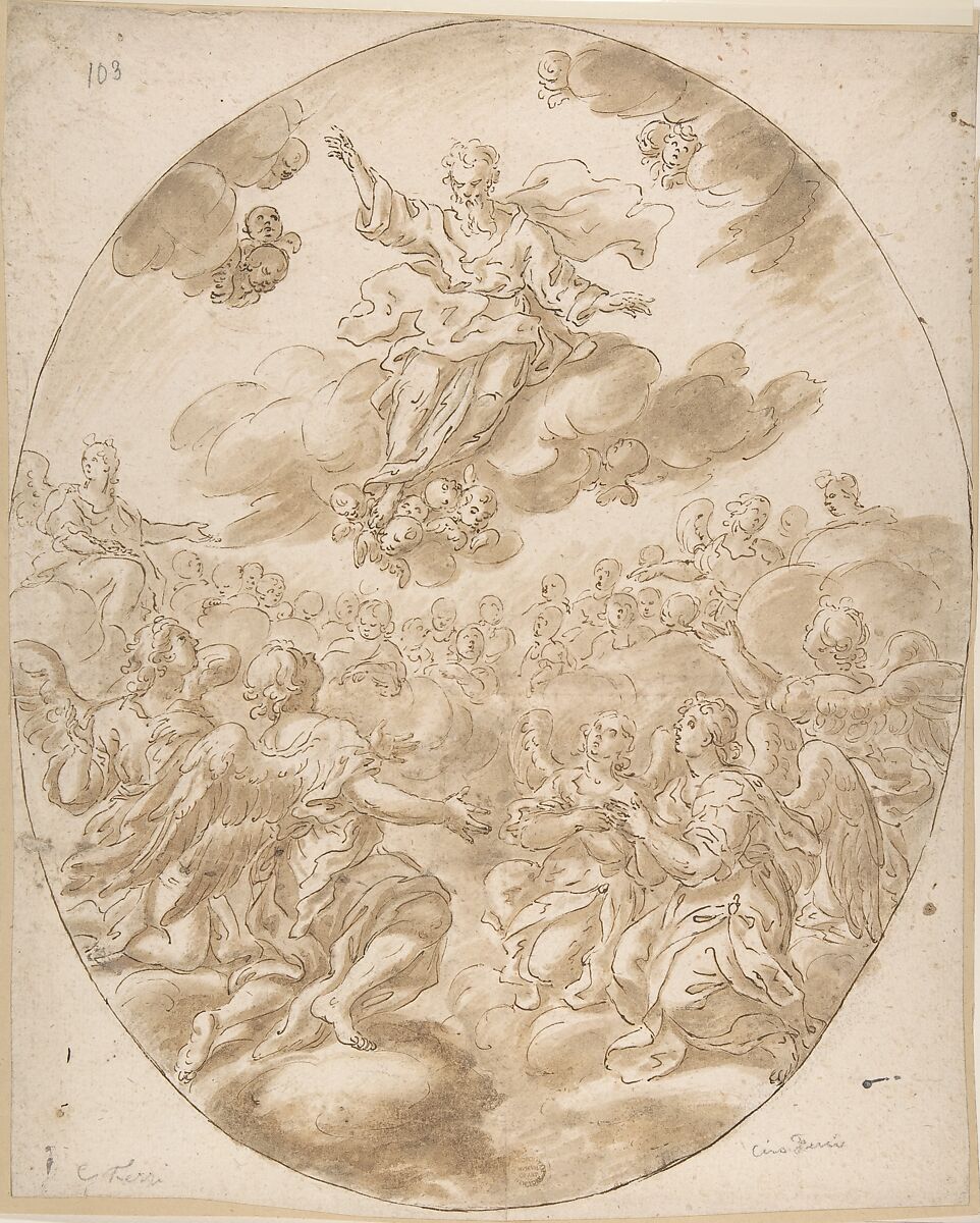 The Heavenly Host, Anonymous, Italian, Roman-Bolognese, 17th century, Pen and brown ink, brush and brown wash, over traces of black chalk (charcoal?) on light tan paper.  Oval framing outline in brown ink 