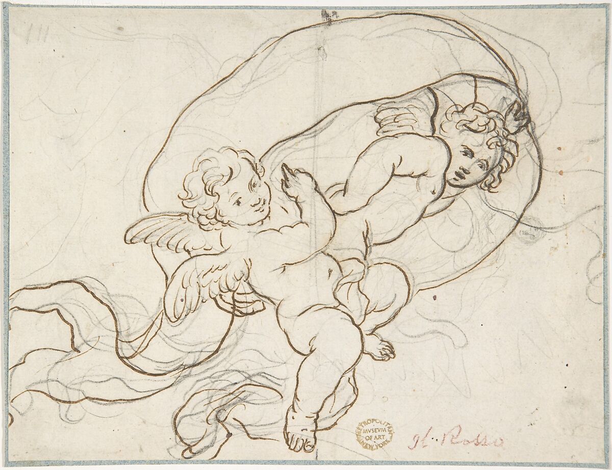 Two Flying Putti, Anonymous, Italian, Roman-Bolognese, 17th century, Pen and brown ink over black chalk on cream paper 