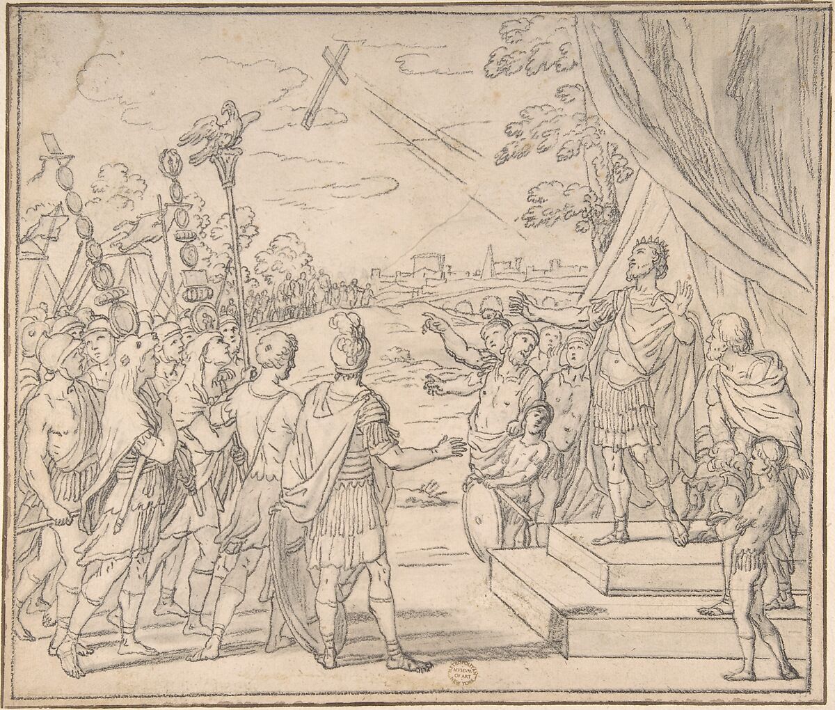 Vision of Constantine, copy after a drawing by Giacinto Gimignani, Anonymous, Italian, Roman-Bolognese, 17th century, Black chalk (?), brush and gray wash, over leadpoint (?) underdrawing on light tan paper; framing lines in black chalk (?) over leadpoint (?) 