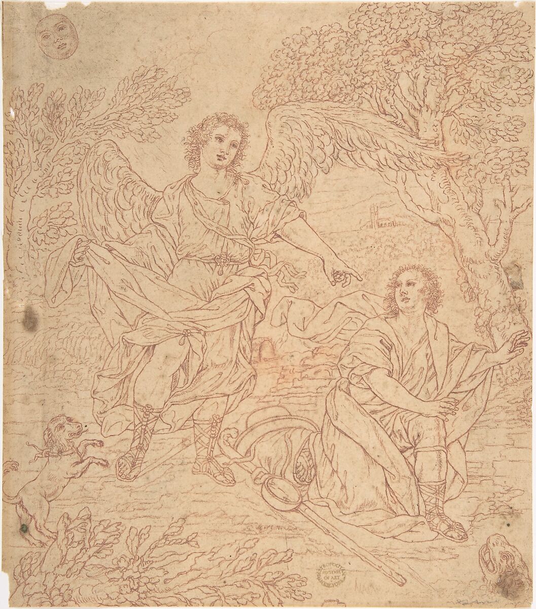 Tobias and the Angel, Anonymous, Italian, Roman-Bolognese, 17th century, Red chalk on light tan paper 