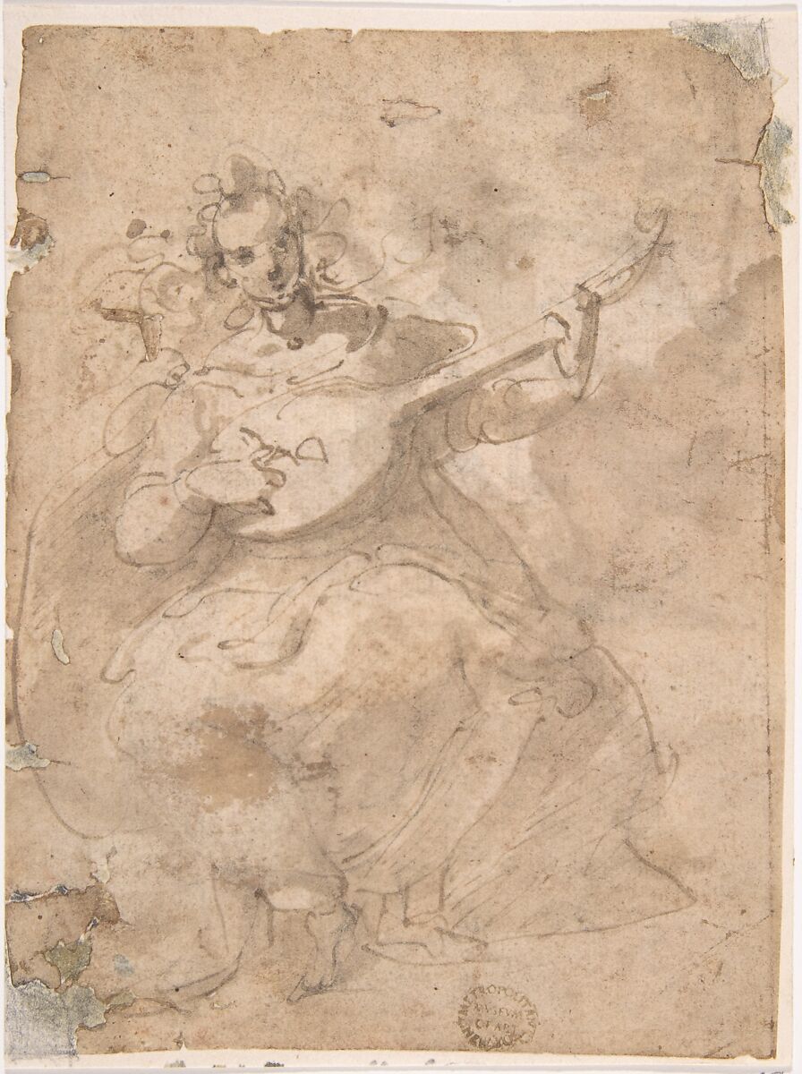 Girl Playing a Lute, Anonymous, Italian, Roman-Bolognese, 17th century, Pen and brown ink, brush and brown wash, over traces of black chalk on light tan paper 