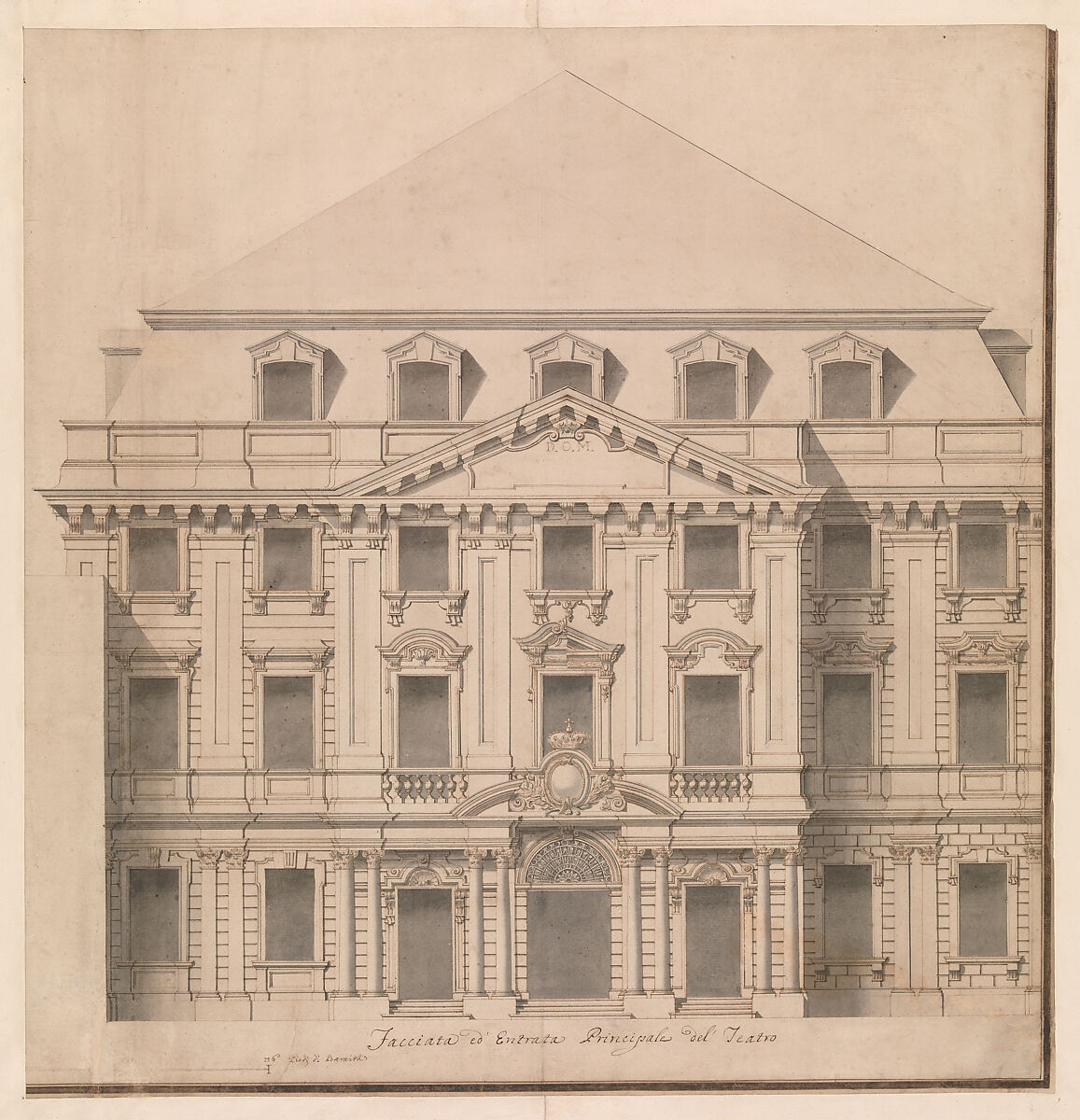 View of a Theater (Bayreuth):  Exterior Elevation of the Facade; Central Portal Surmounted by Royal Crown, Workshop of Giuseppe Galli Bibiena (Italian, Parma 1696–1756 Berlin), Pen, brown ink and gray wash 