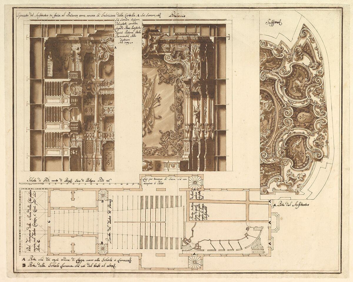 Designs for the Theater at Nancy: View of Half the Proscenium and a Half a Section of It; End of the Ceiling; and Ground Plan, Assistant of Francesco Galli Bibiena (Italian, Bologna 1659–1739 Bologna), Pen and brown ink, brush and brown wash 