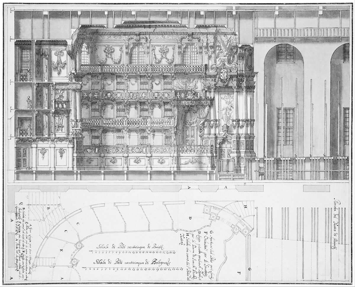 Designs for the Theater at Nancy: Longitudinal Section and Half Ground Plan, Assistant of Francesco Galli Bibiena (Italian, Bologna 1659–1739 Bologna), Pen and brown ink, brush and brown wash