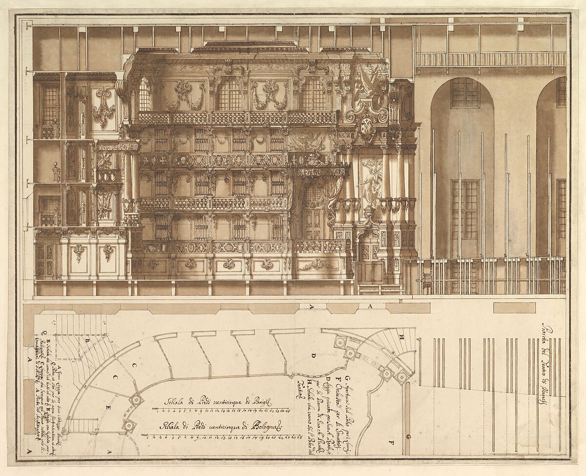 Designs for the Theater at Nancy: Longitudinal Section and Half Ground Plan, Francesco Galli Bibiena  Italian, Pen and brown ink, brush and brown wash