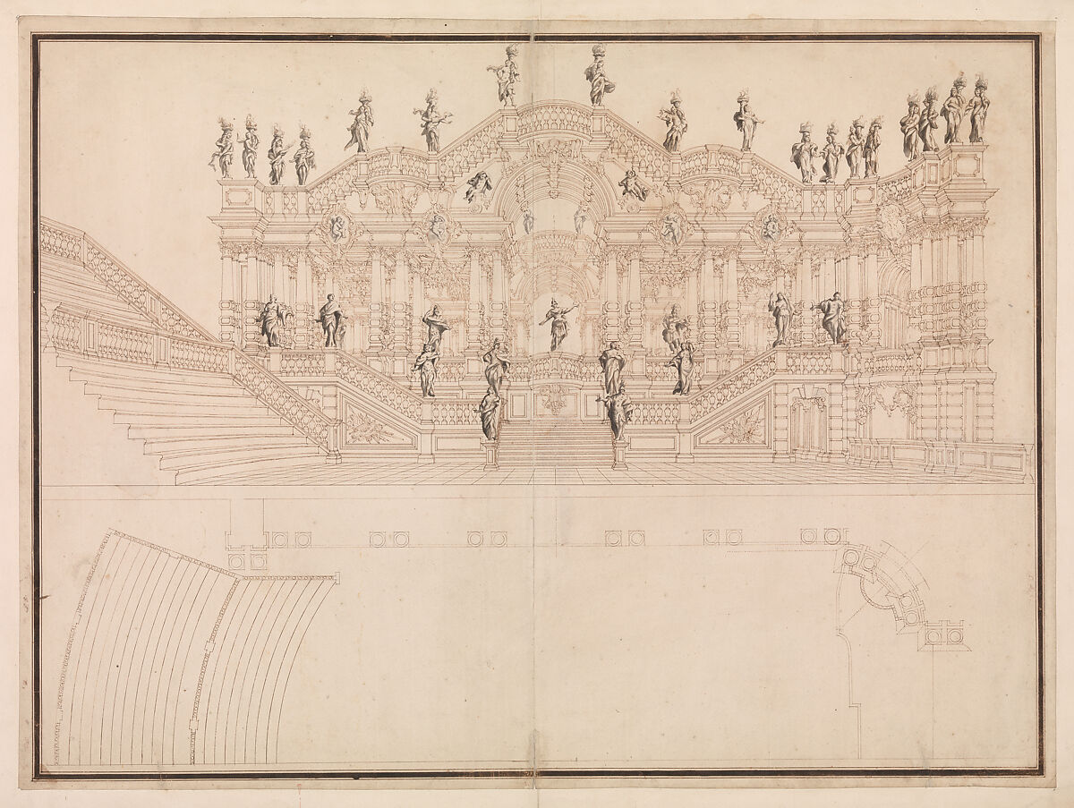 Design for a Stage Set: Longitudinal Section and Plan of amphitheater and Stage, Workshop of Giuseppe Galli Bibiena (Italian, Parma 1696–1756 Berlin), Pen and brown ink, brush and gray wash 