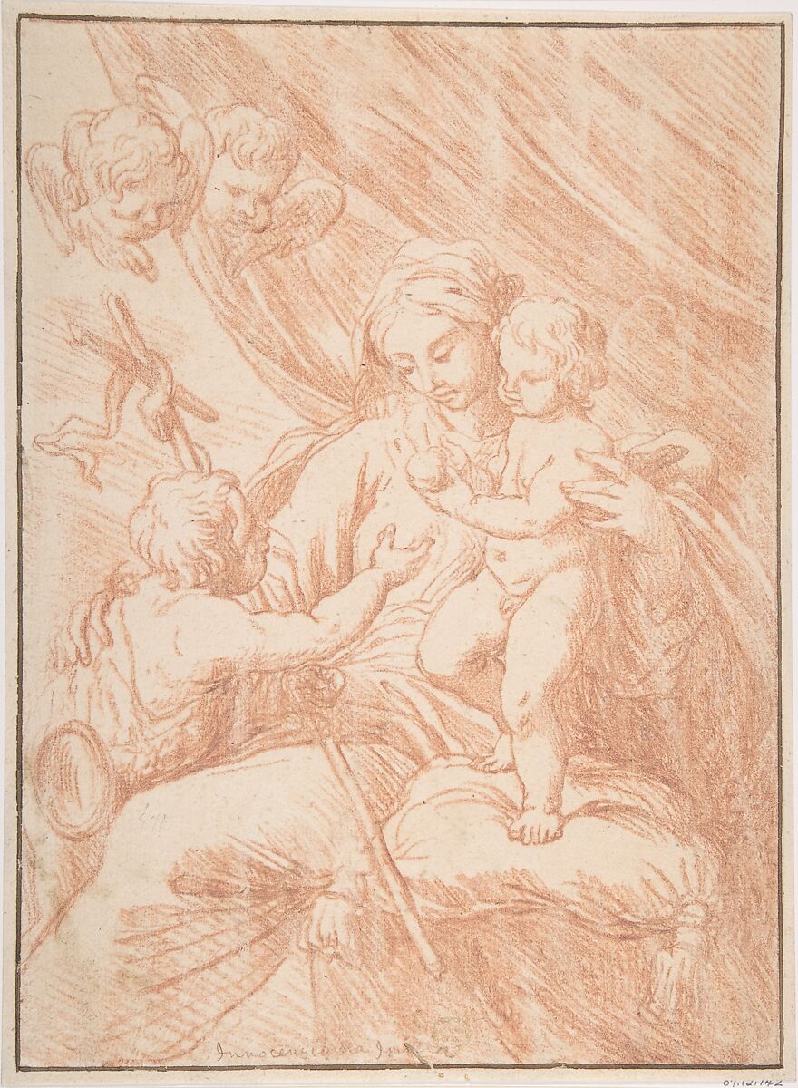 Madonna, Child, and Saint John, Anonymous, Italian, Roman-Bolognese, 17th century, Red chalk on cream paper; counterproof 