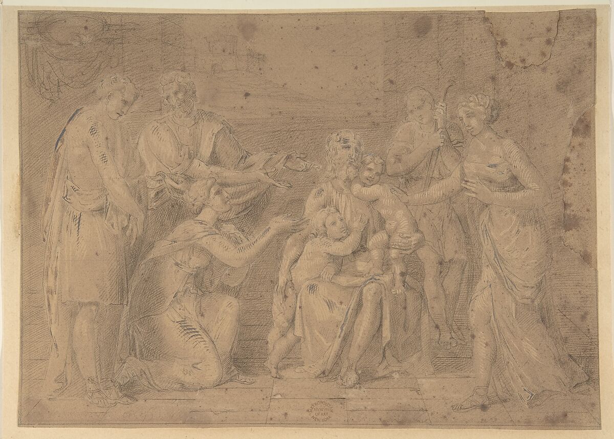 Christ and the Children, Anonymous, Italian, Roman-Bolognese, 17th century, Black chalk, highlighted with white gouache on brown paper 